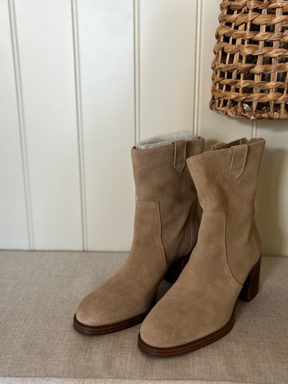 Vince Camuto Suede Mid-Calf Block Heel Boots - Tan/Zanilla